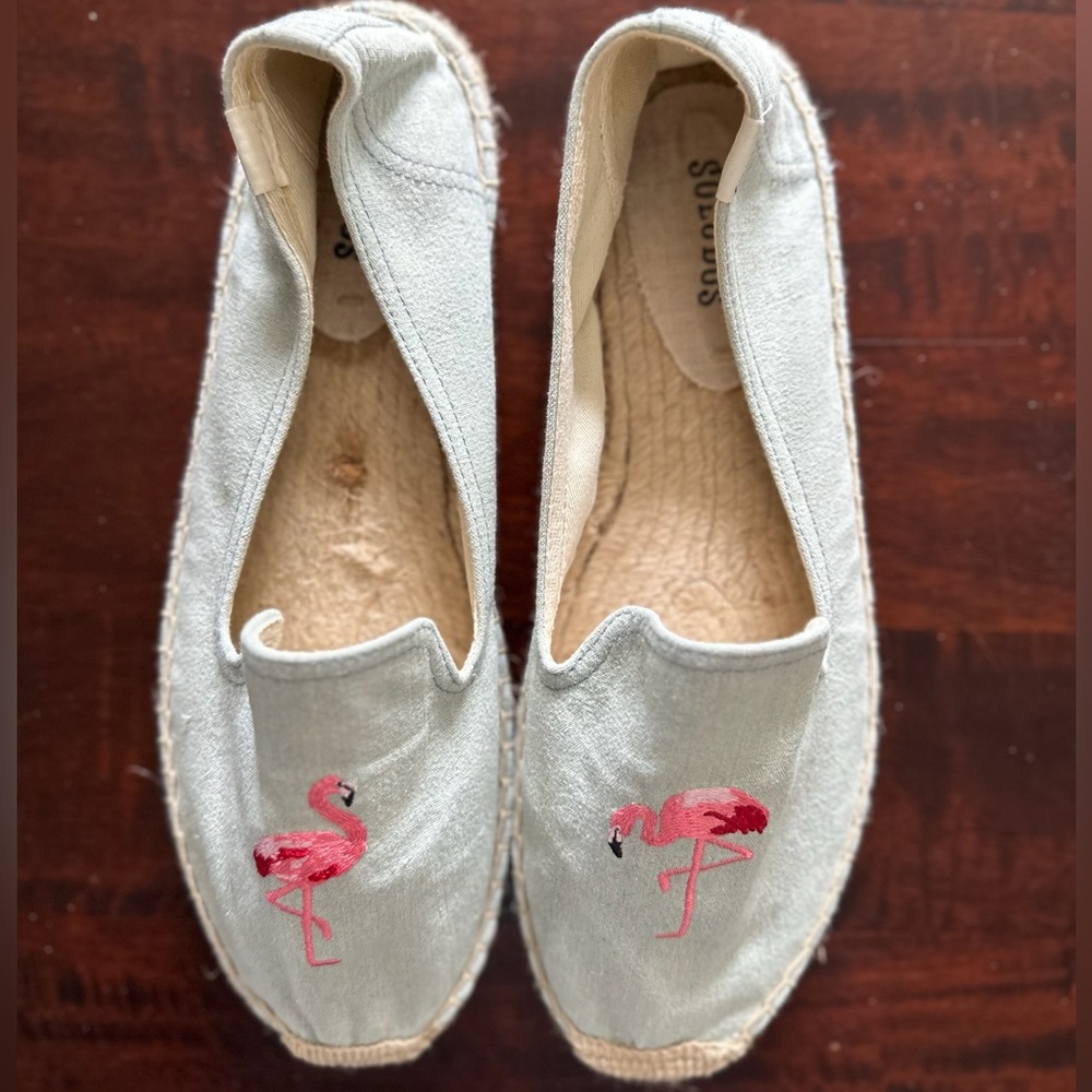 Soludos Light Chambray Espadrilles with Flamingo Embroidery